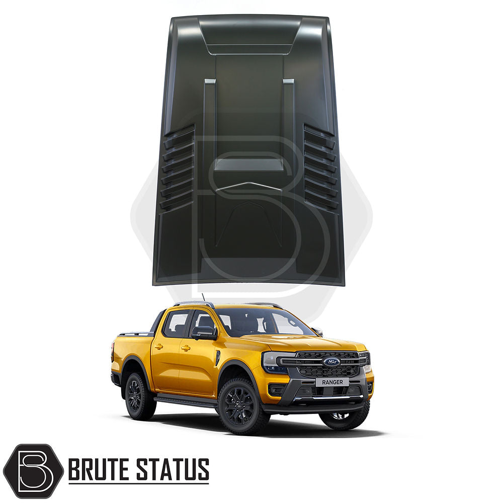 Ford Ranger T9 2023+ Raptor Style Bonnet Scoop Vent in matte black, positioned on a yellow vehicle, highlighting its sleek and rugged design.