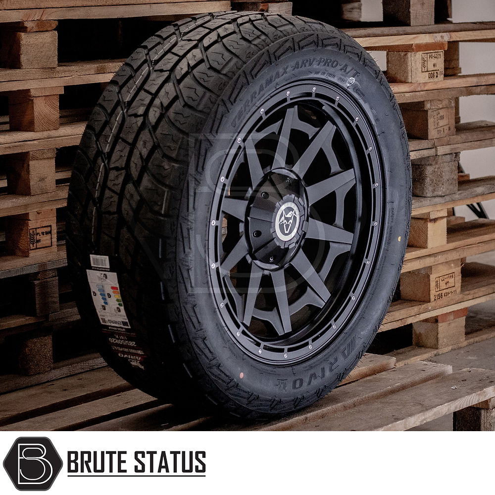 Wolfrace Canyon Matt Black Alloy Wheels and Tyres Package on a pallet, featuring Terramax ARV Pro tyres and pre-installed TPMS for trucks.