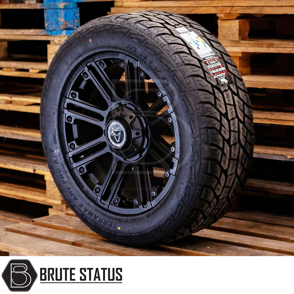 Wolfrace Amazon Matt Black Alloy Wheels with Terramax ARV Pro tyres on a pallet, showcasing pre-installed tyre pressure sensors for trucks, ready for shipping.