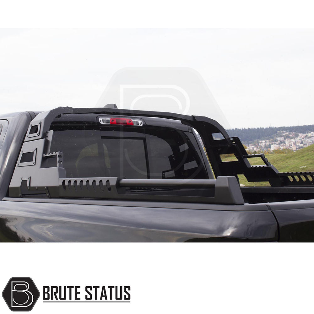 Ford Ranger 2023+ S11 Combat Roll Bar installed on a black truck, featuring a matte black finish and heavy-duty steel construction with a roof rack.