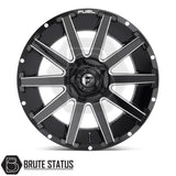 Fuel Contra Wheels in gloss black and milled design, featuring a distinctive black rim with white stripes. Comes in size 18x9 with 6x139.7 PCD.