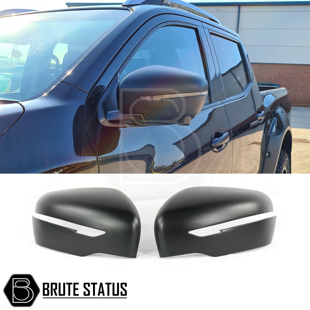 Nissan Navara NP300 2015-2022 Wing Mirror Covers (Matt Black) shown on a black truck, highlighting easy-fit design and premium quality for customization.