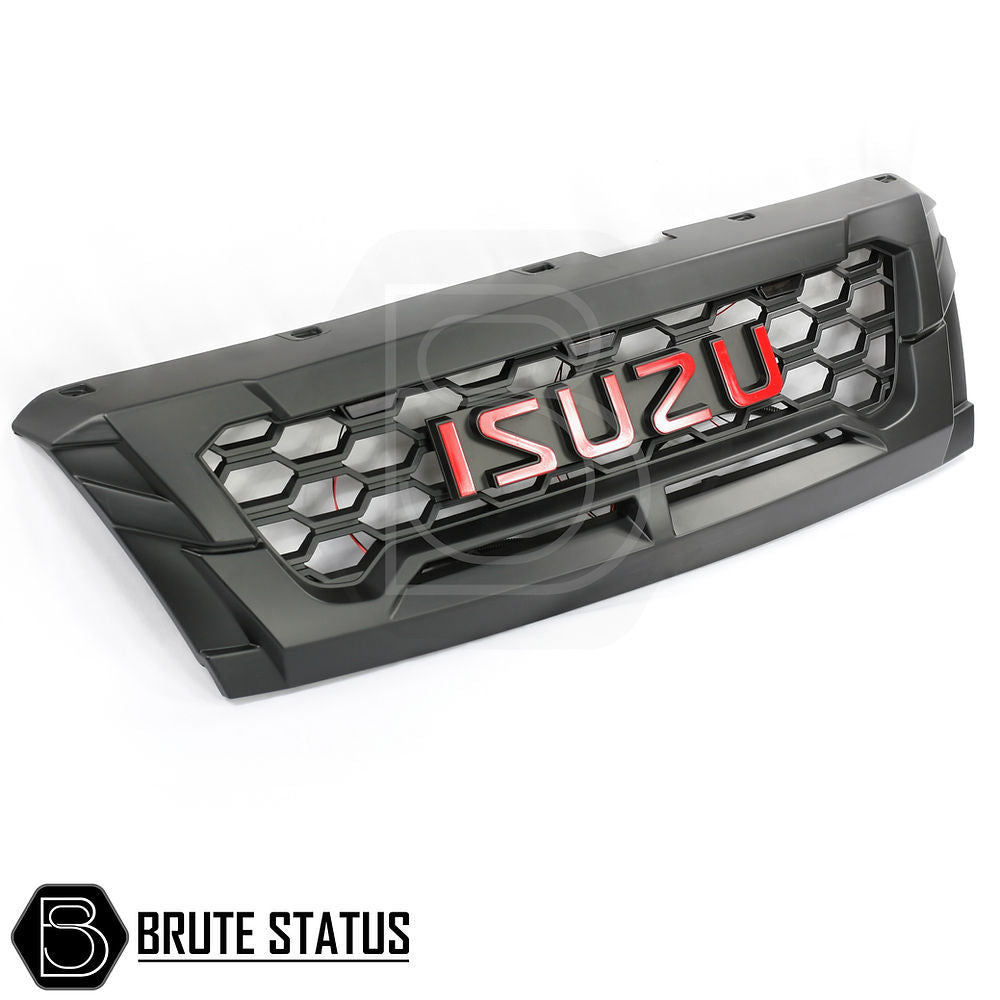 Isuzu D-Max 2016-2019 Front LED Grille featuring a matte black design with red lettering, ideal for enhancing vehicle appearance with easy installation.