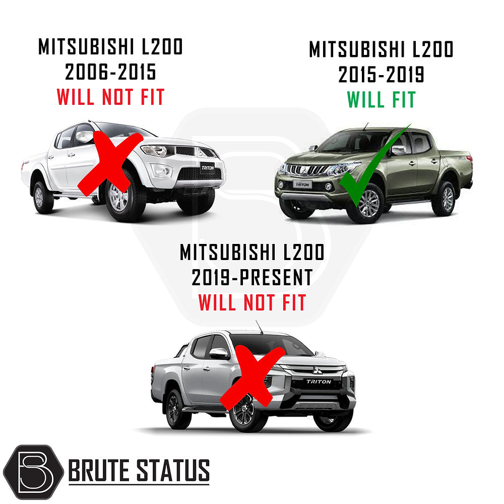 Mitsubishi L200 Series 5 X10 Combat Roll Bar with LED Lights, enhancing truck's aggressive look; visible cars feature red X and green check mark.