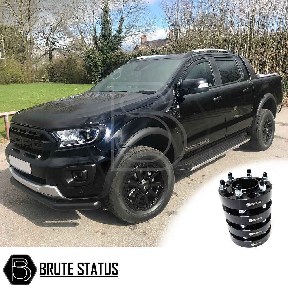 Ford Ranger 2015-2022 T7 T8 Wide Arch Kit & 35mm Wheel Spacers shown on a black truck, highlighting muscular wheel arch extensions and hub-centric spacers.