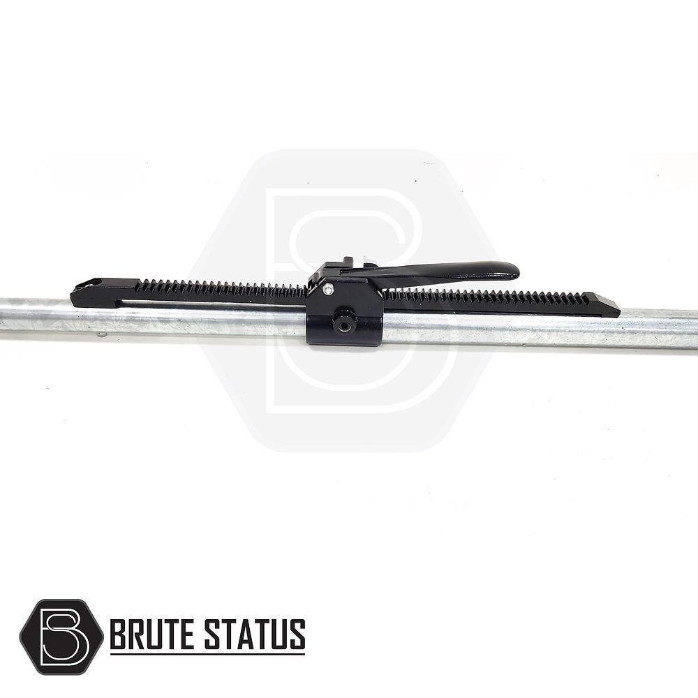 Load Bay Cargo Bar with a black handle and unique ratchet mechanism for secure, quick adjustments, ideal for pick-up truck optimizations from Brute Status.