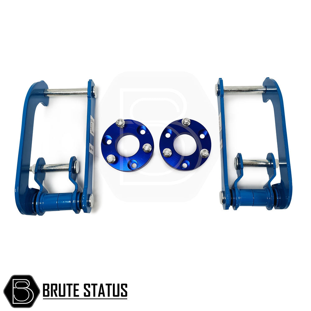 Ford Ranger 2012-2019 2 Lift Kit with blue anodized front shock spacers and durable rear lift shackles, designed for enhanced truck performance and style.