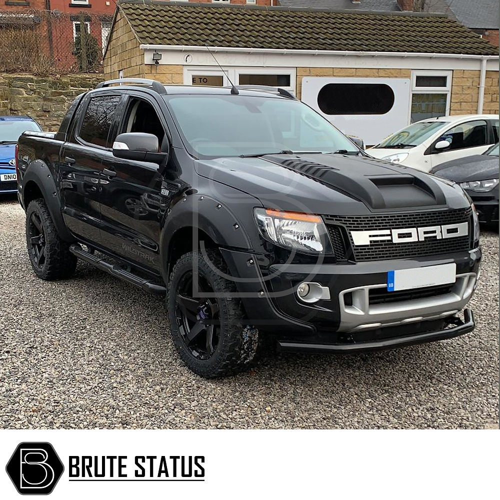 Ford Ranger 2012-2015 Raptor Style Bonnet Scoop on a parked black truck, highlighting its smooth black finish and fitment design.