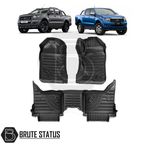 Ford Ranger 2015-2022 Front and Rear Tailored Tray Floor Mats, molded to fit contours, featuring high sides, non-slip design, protecting against dirt and spills.