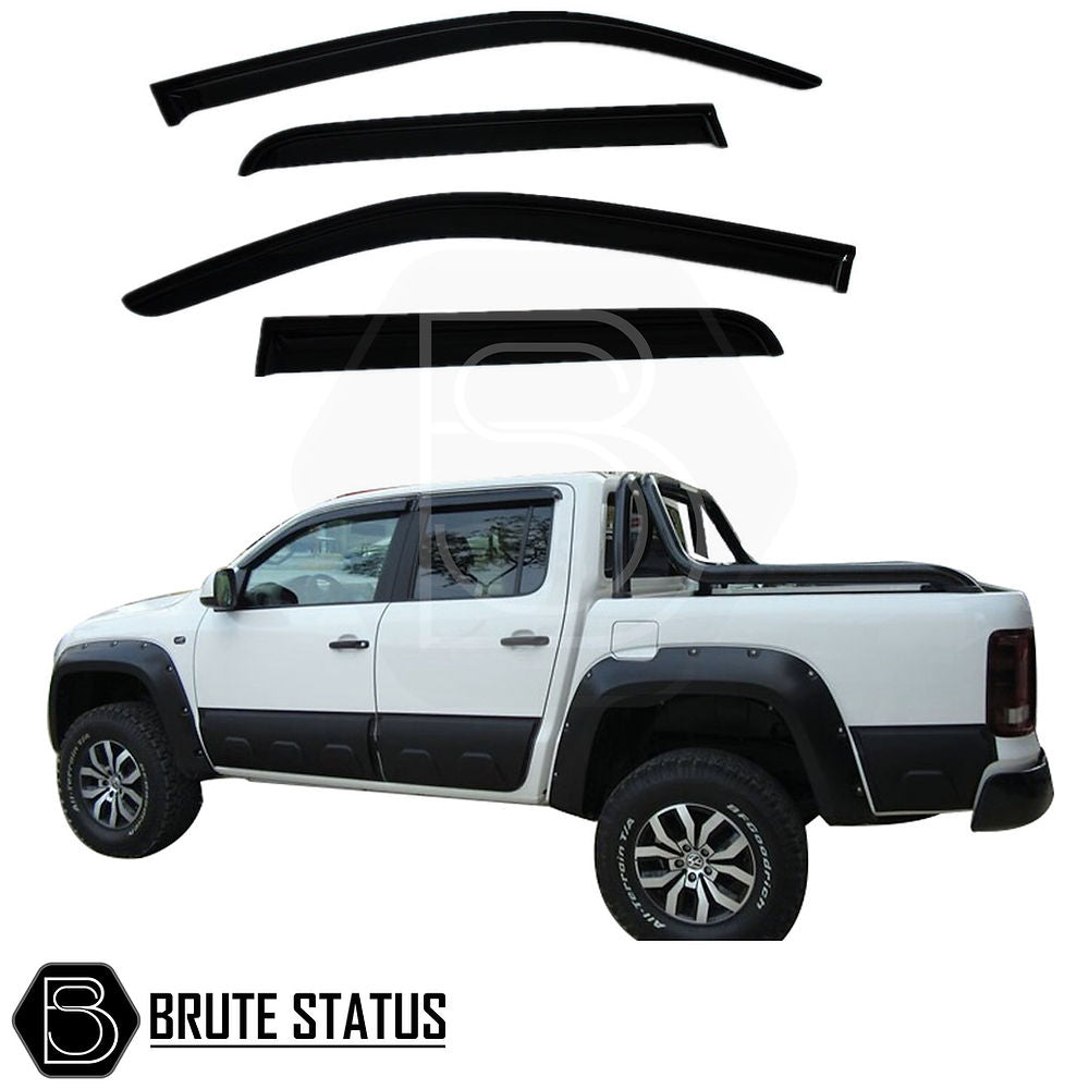 VW Amarok 2010-2016 Bonnet Guard and Window Wind Deflectors, showcased on a pickup truck, emphasizing durable, aerodynamic design for enhanced vehicle customization.