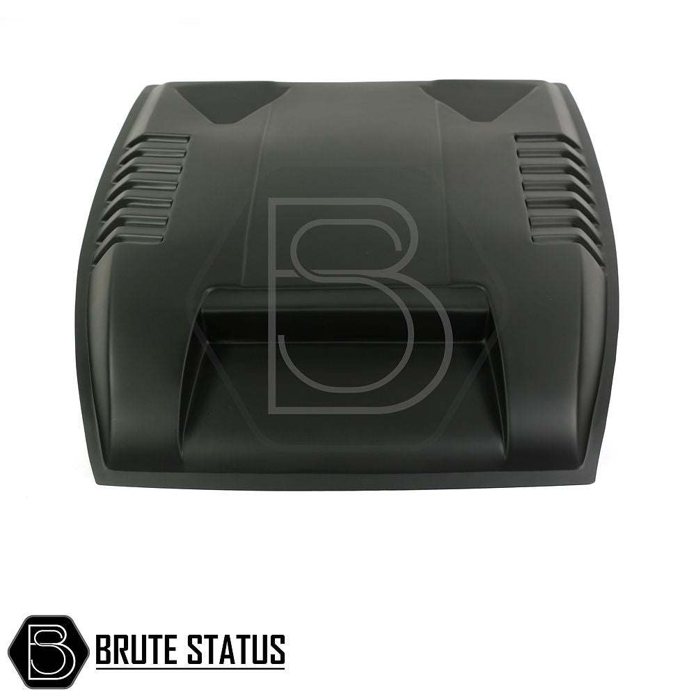 Ford Ranger 2012-2015 Raptor Style Bonnet Scoop, black plastic, featuring a logo, designed for easy installation with 3M tape, fits pre-facelift models with washer jet cutouts.