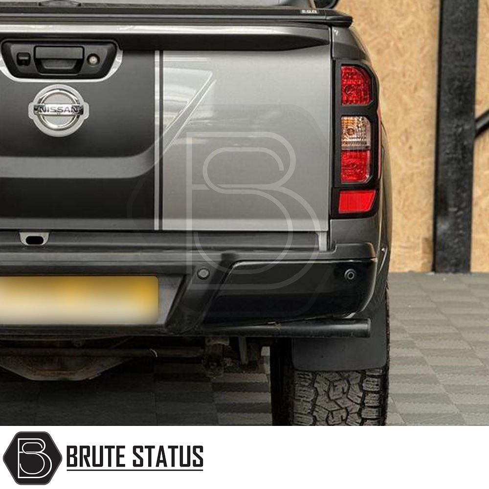 Nissan Navara 2015-2022 NP300 D23 Tail Light Cover Guard Matte Black on truck, enhancing rear style with easy-fit, durable ABS plastic for a standout look.