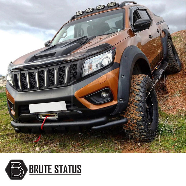 Nissan Navara NP300 2015-2022 Bonnet Scoop on a vehicle, showcasing its aggressive design and smooth black finish, ideal for enhancing your pick-up truck's style.