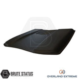 SsangYong Musso Overland Extreme Bonnet Scoop, black ABS plastic, matte finish, close-up of vent and logo, designed for easy installation on truck hoods.