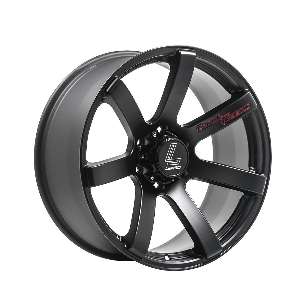 Lenso Wheels RT Concave Matte Black, featuring a sleek black rim with a distinct logo, designed for pick-up truck customization and enhancement.