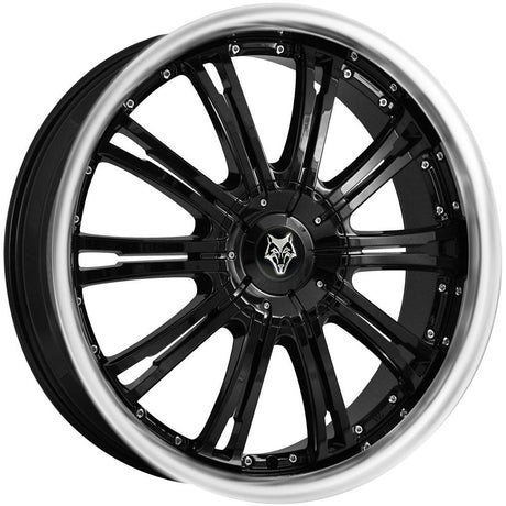 Wolfrace Vermont 22 Alloy Wheel in gloss black with polished lip, featuring a wolf face design, ideal for customizing pick-up trucks.