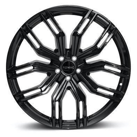 Romac Wheels Catalina features a black rim with white spokes, ideal for enhancing pick-up trucks. These 9.5x22 wheels offer a stylish, custom look.