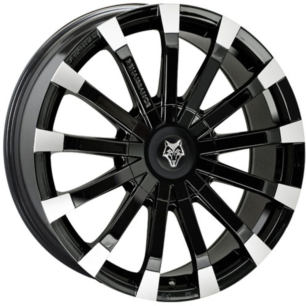 Wolfrace Renaissance 20 Alloy Wheels, gloss black polished finish, featuring a sleek black and white rim design, ideal for enhancing pick-up truck aesthetics.