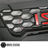 Isuzu D-Max 2016-2019 Front LED Grille in matte black with red lettering, featuring four yellow LEDs, designed for easy installation and customization.