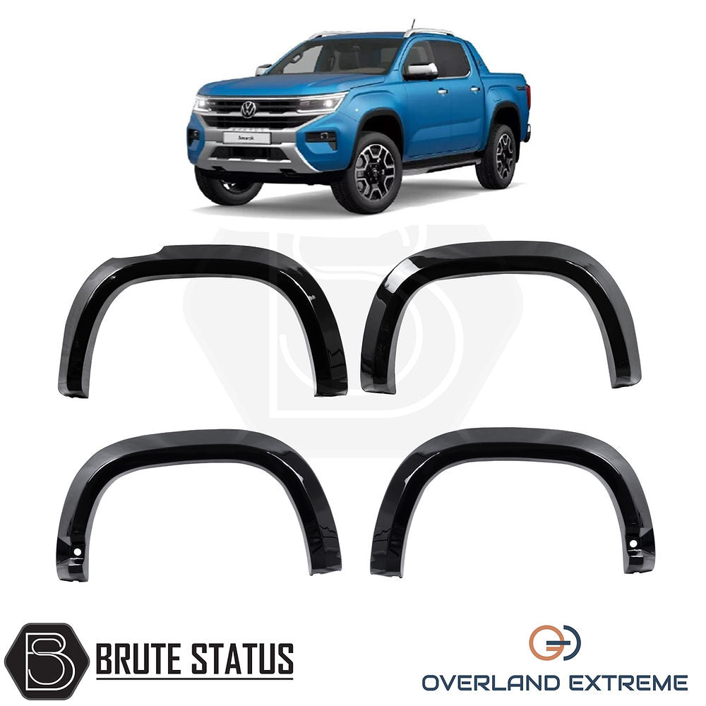 Volkswagen Amarok 2023+ Gloss Black Wide Arch Kit, featuring high-quality ABS plastic fenders and rubber seal, enhances vehicle style and fitment precision. Suitable for double cabs only.