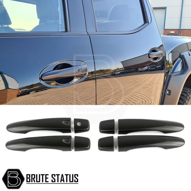 Nissan Navara NP300 2015-2022 Door Handle Covers (Matt Black), close-up view, showcasing high-quality ABS plastic with easy-install adhesive. Suitable for quick de-chrome customization.