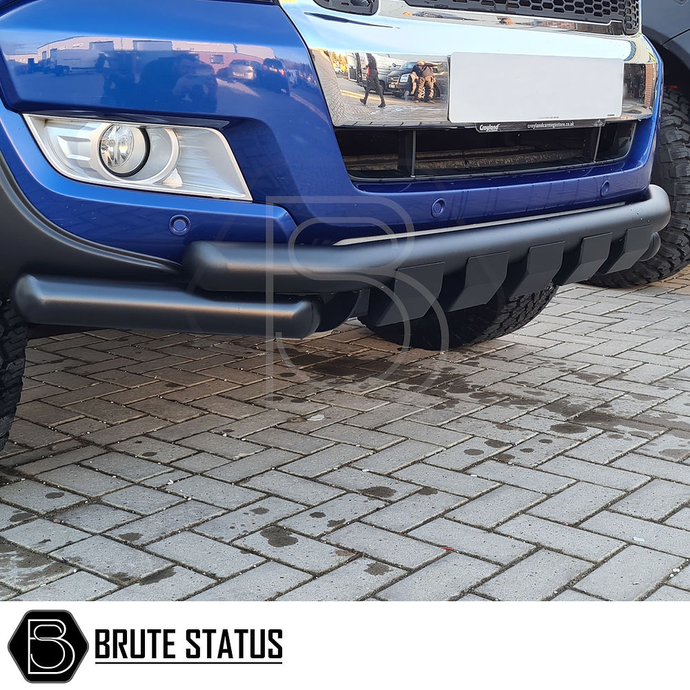 Nissan Navara NP300 2015-2022 City Bar (Nudge Bar) in matt black, shown on a blue truck, enhances bumper protection and style.