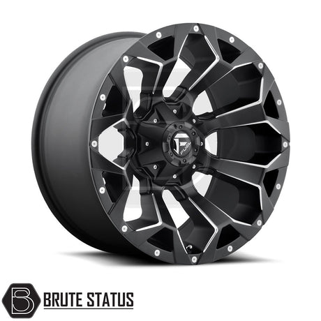 Fuel Assault Wheels in Matte Black Milled, featuring a black rim with silver accents. Size: 20x9, Offset: ET1, PCD: 6x139.7, Centre Bore: 106.1.