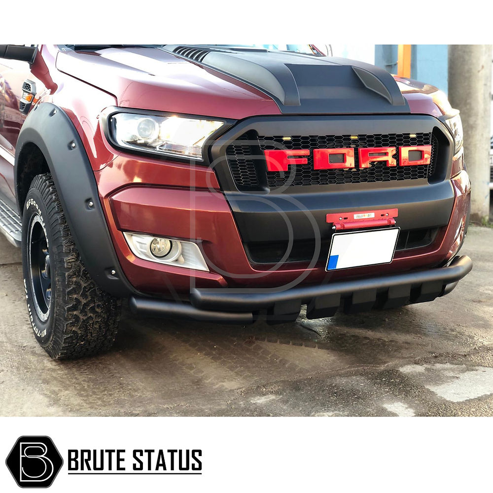 Ford Ranger 2015-2022 City Bar (Nudge Bar) Matte Black attached to the front of a red truck, enhancing its bumper protection.