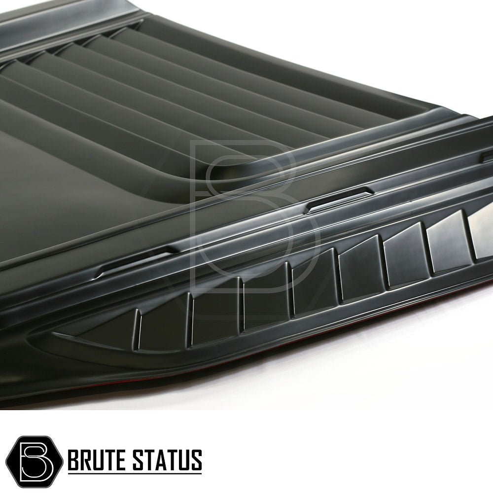 Ford Ranger 2015-2022 'The Beast' Bonnet Scoop, a black impact-resistant plastic scoop, enhances truck aesthetics, designed for easy installation with 3M adhesive tape.