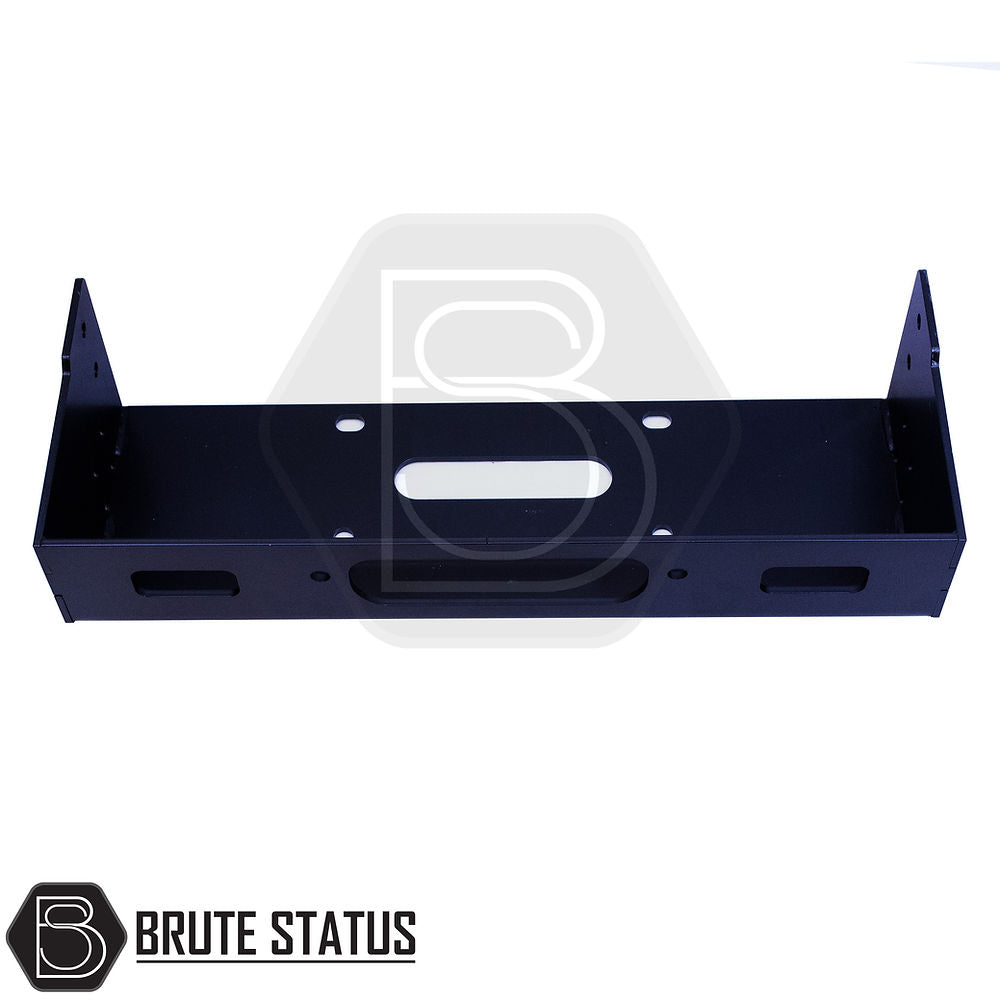 Mitsubishi L200 Series 5 Front Bumper Winch Bracket, matt black, with a white logo, compatible with stock bumpers, TÜV certified, for 2015-2019 models.