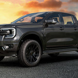 Hawke Wheels Hekla in Matt Black on a black truck, highlighting its sleek design and robust build, ideal for enhancing your pickup's style and performance.