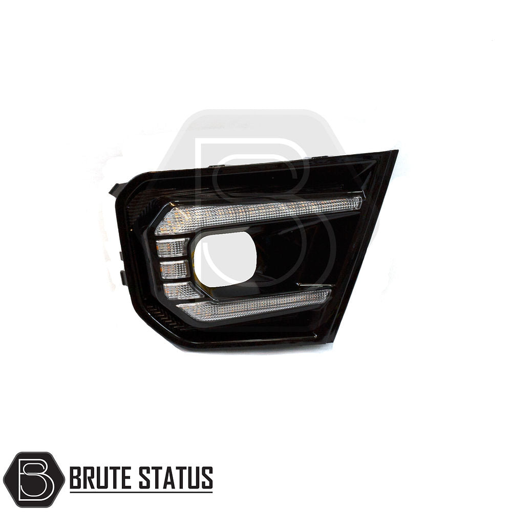 Ford Ranger 2023+ Wildtrak DRL Fog Light Surrounds, featuring gloss black finish with white and amber LED, designed for easy installation without drilling.