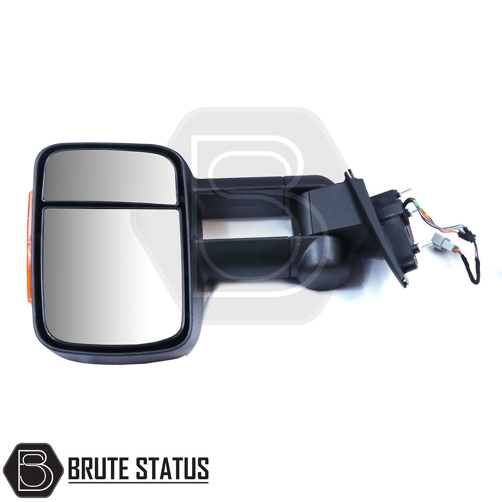 Ford Ranger 2012-2022 Extendable Towing Mirrors showcasing telescopic arms, LED indicators, and a convex blind spot mirror for enhanced towing visibility.