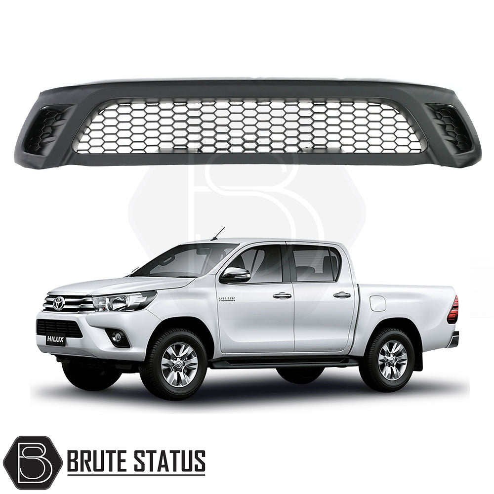 Toyota Hilux 2016-2020 Matt Black Grille, featuring a durable ABS plastic design, easy installation, and sleek look for enhancing your vehicle's aesthetic.