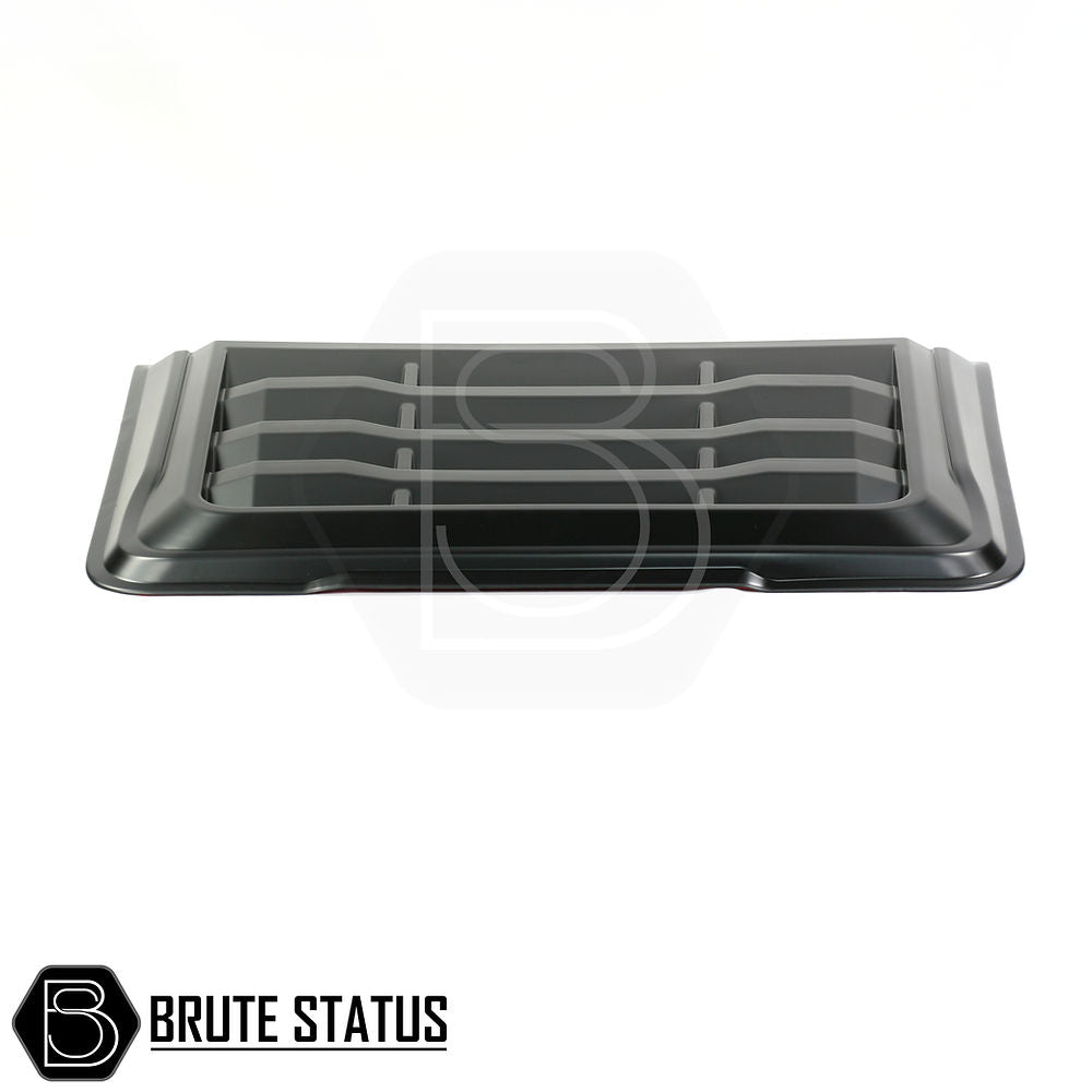 Ford Ranger 2015-2022 Rallye Style Bonnet Scoop, featuring a smooth black finish and metal grate, designed for easy installation with 3M adhesive.