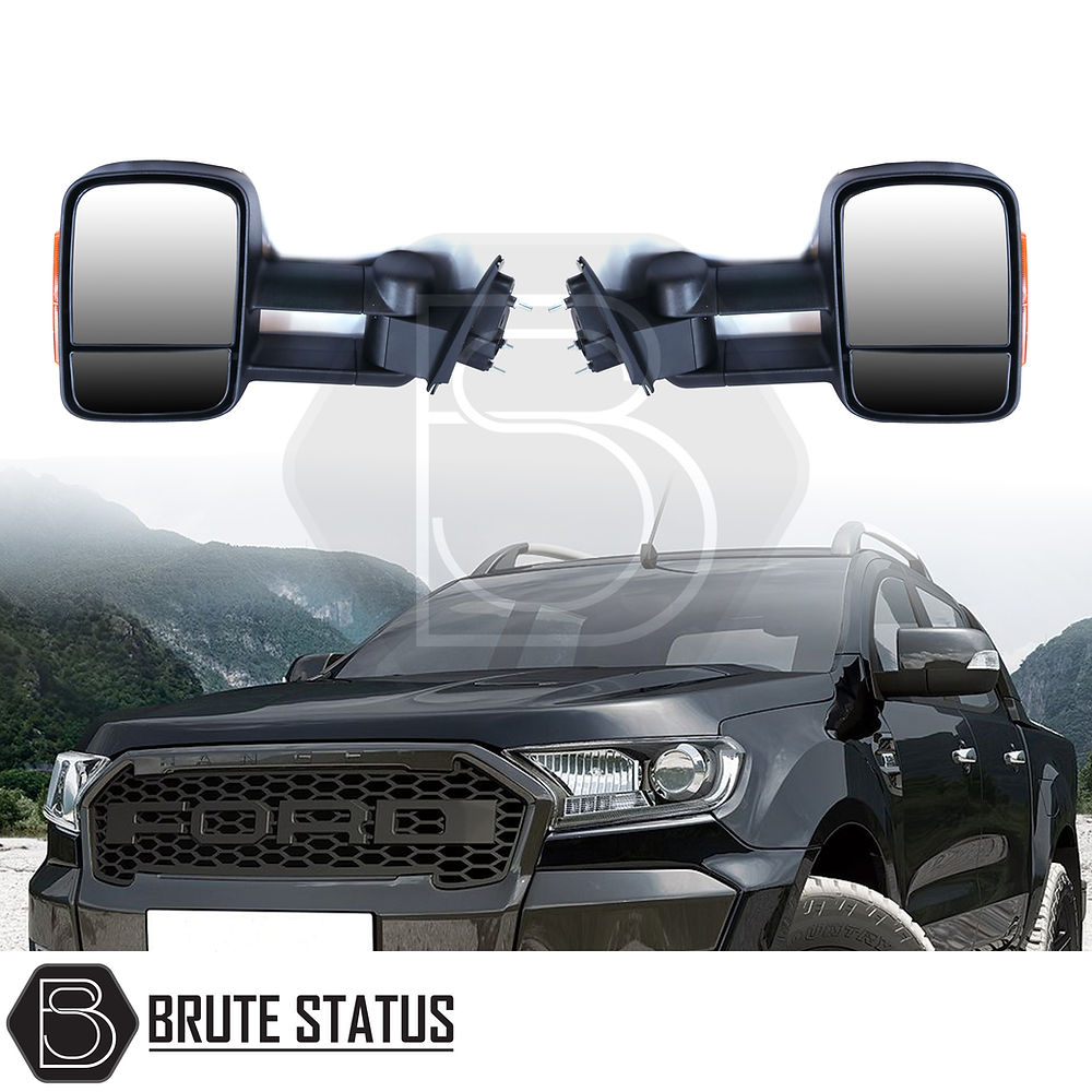 Ford Ranger 2012-2022 Extendable Towing Mirrors with LED indicators and telescopic arms, designed for enhanced rear view while towing.