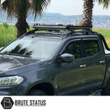 Universal Roof Basket (Combat Style) on a black truck, featuring a matt black finish and heavy-duty steel construction, with mounting points for lights and easy installation.