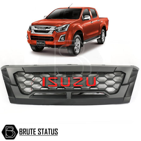 Isuzu D-Max 2016-2019 Front LED Grille, featuring a matte black finish with red lettering and yellow LEDs, designed for easy installation without drilling.