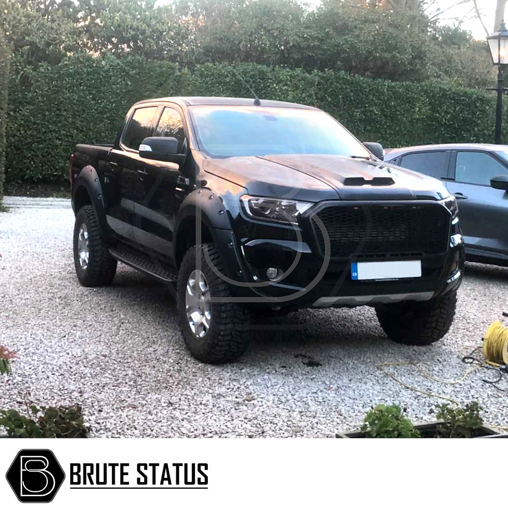 Ford Ranger 2015-2022 Muscle Style Bonnet Scoop on a black truck, enhancing road presence with a smooth finish, designed for easy, non-drill installation.