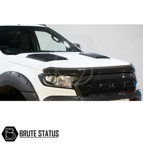 Ford Ranger 2012-2022 T6 T7 T8 Bonnet Vents, close-up shows sleek design enhancing truck's look with easy 3M tape installation.