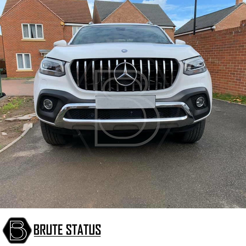 Mercedes X-Class 2017-2022 AMG Panamerica Style Chrome Front Grille, featuring luxury styling and easy installation, showcased on a white vehicle's front end.