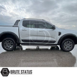 Ford Ranger 2023+ Body Cladding enhances protection with durable ABS plastic, shown on a white truck, ideal for off-roading and preventing damage.