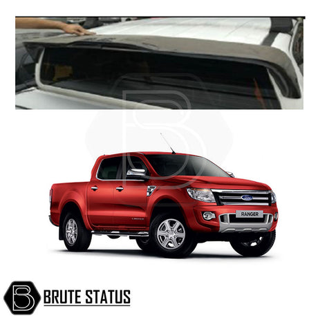 Ford Ranger 2012-2022 Roof Spoiler, aerodynamically designed for pickup trucks, visible close-up on a red truck's cab.