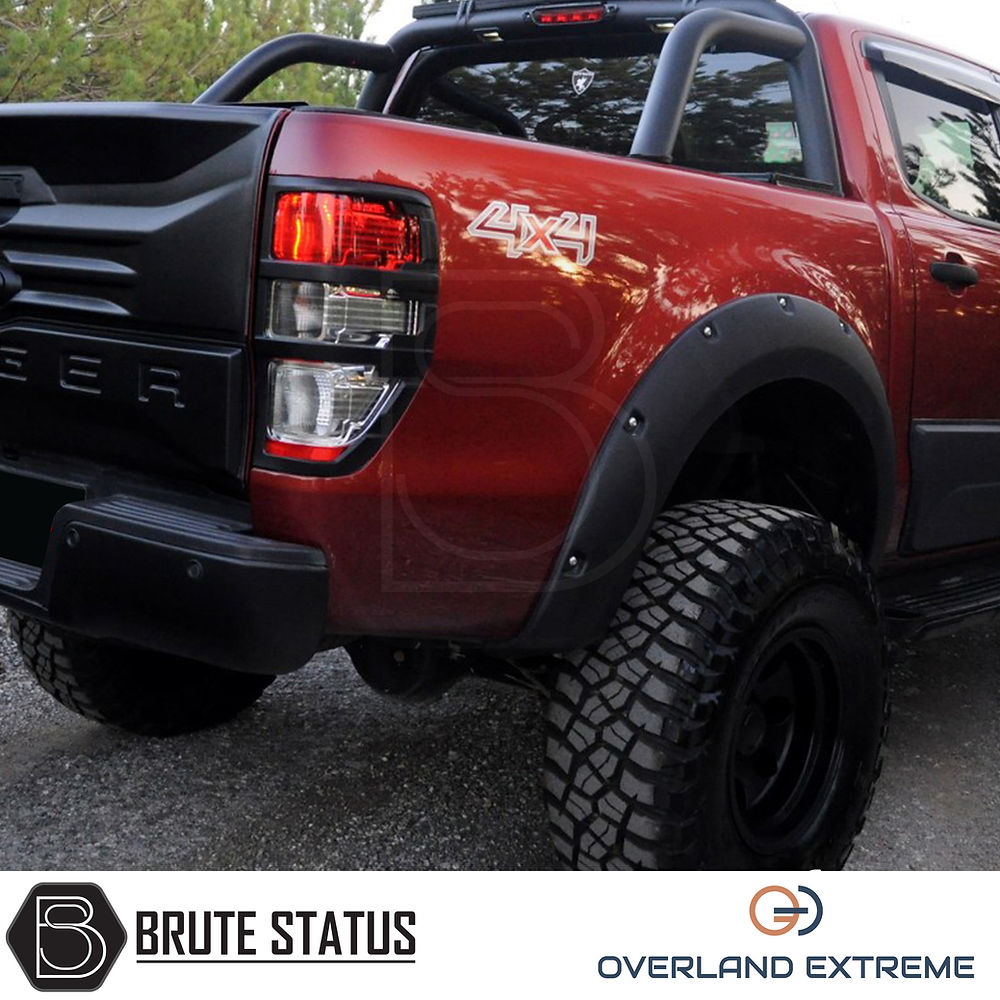 Ford Ranger 2012-2022 Matte Black Wide Arch Kit, Overland Extreme Riveted Style, shown on a red truck, highlighting premium wheel arches designed for durability and style.