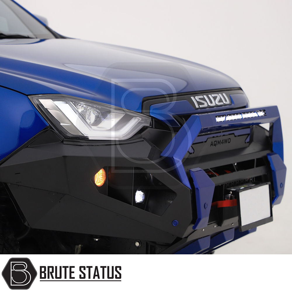 Isuzu D-Max 2021+T50 Heavy Duty Front Bumper with winch space and matt black finish, shown on a blue car, emphasizing durability and design.