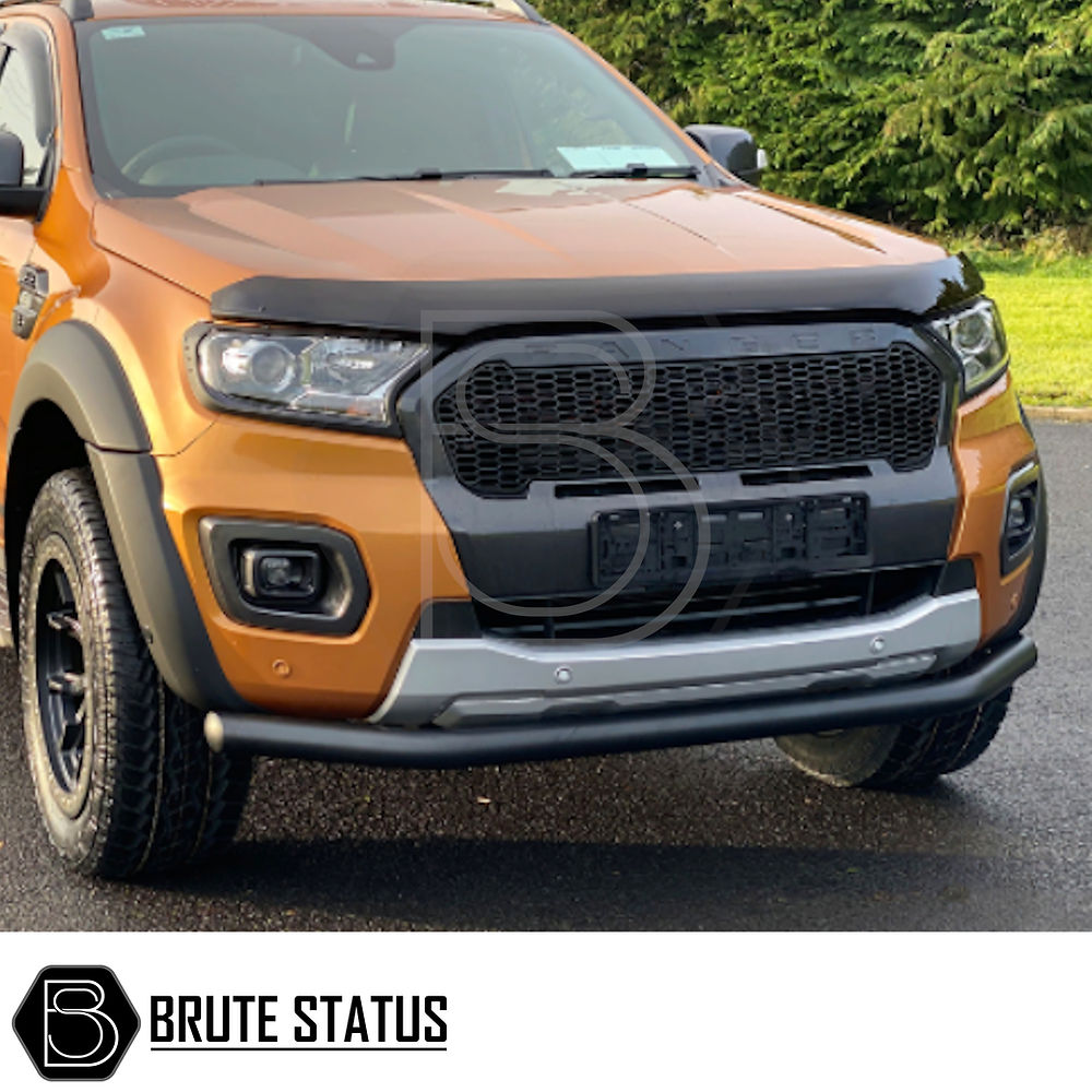 Ford Ranger 2012-15 T6 City Bar (Nudge Bar) in matt black installed on a parked vehicle, showcasing its sleek design and protective bumper enhancement.