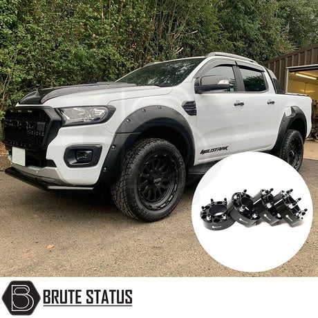 Ford Ranger 2019-2022 T8 Wide Arch Kit (Riveted Style) & 35mm Wheel Spacers installed on a white truck, highlighting robust and stylish design.