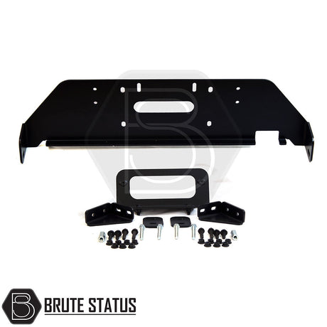 Toyota Hilux 2015-2020 Front Bumper Winch Bracket, featuring a sturdy black metal frame designed for bumper compatibility, with mounting screws and TÜV certification.