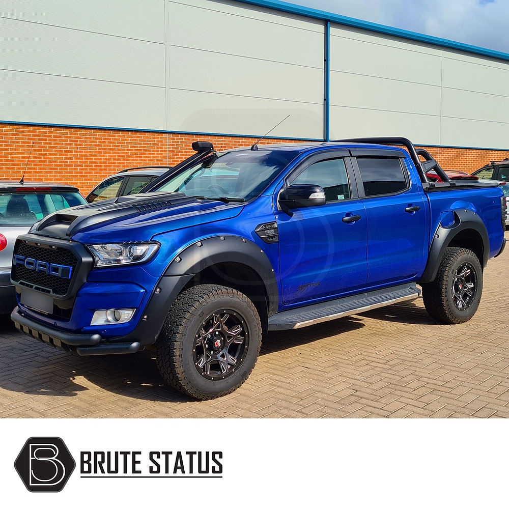 Ford Ranger 2012-2022 T6 T7 T8 Window Wind Deflectors on a blue truck in parking lot, showcasing durable, aerodynamic design.