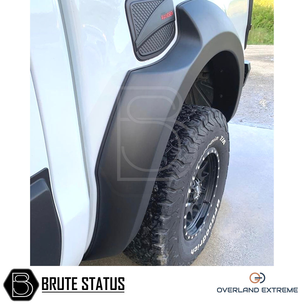 Close-up of Ford Ranger 2012-2022 Wide Arch Kit (Overland Extreme), showcasing premium tire fitment with durable ABS plastic, enhancing vehicle design for double cab models.